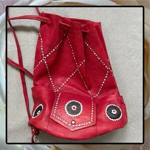 Vintage Artisan Moroccan Red Kidskin‎ Leather Drawstring Bucket Bag Purse